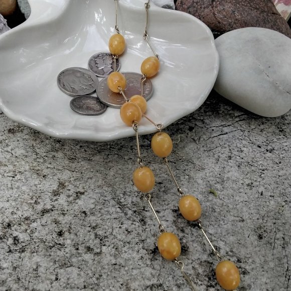 1920's 12kt Gold Fill & Egg Yolk Amber Necklace - Picture 3 of 7